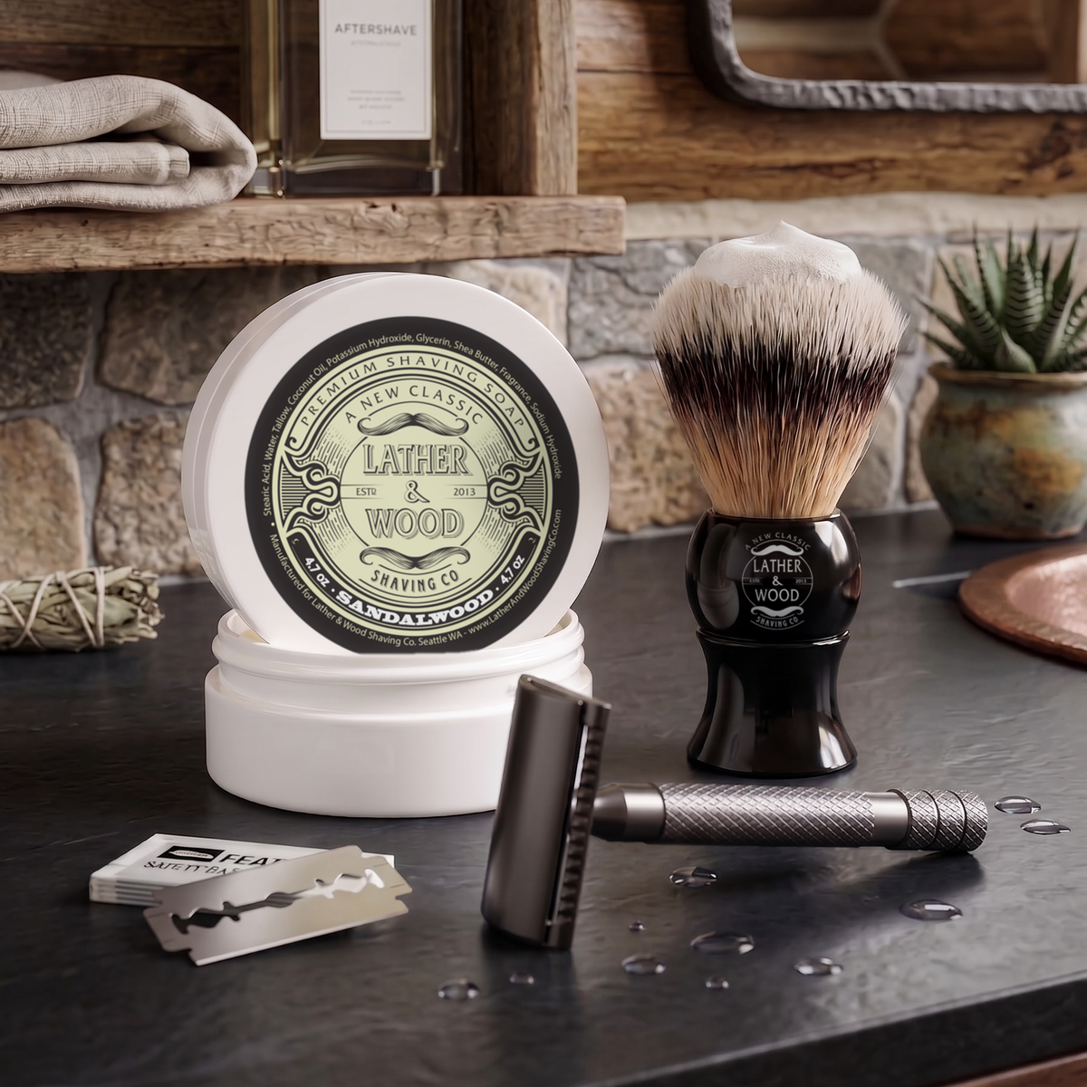 Lather & Wood Wet Shaving Ritual - Safety Razor, Brush, and Sandalwood Soap